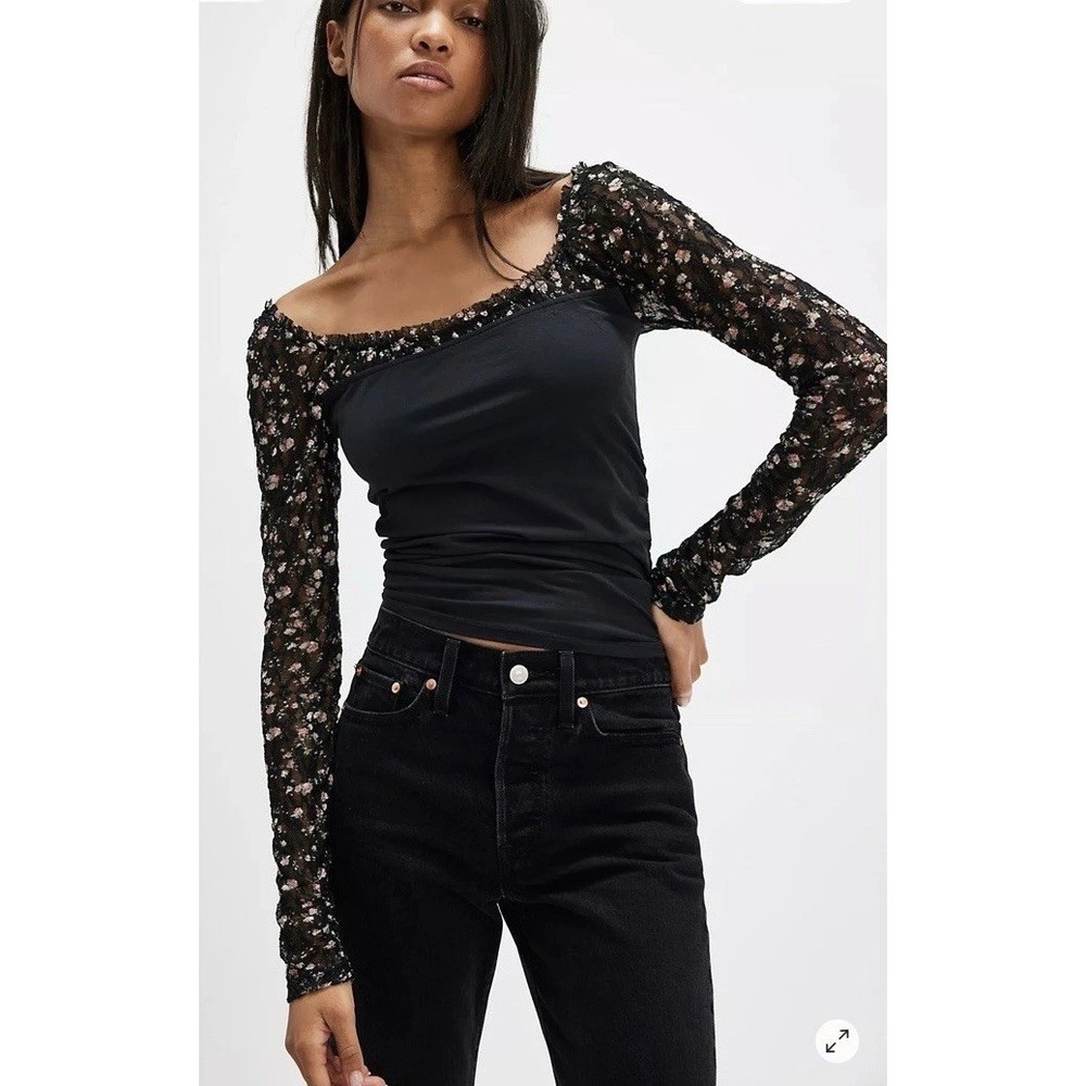 Free People Josie Long Sleeve Top XS Black Combo Lace Sleeve